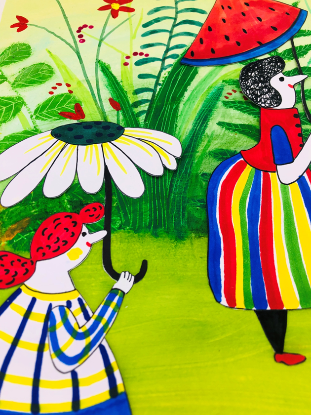 Cut out your characters and glue them onto your background.