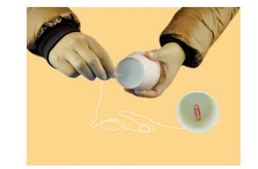 Thread the needle through the bottom of another paper cup